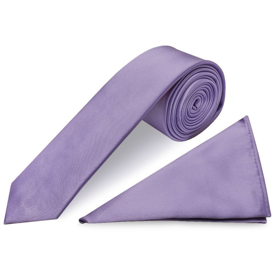 Lavender Satin Skinny Men's Tie and Pocket Square Set