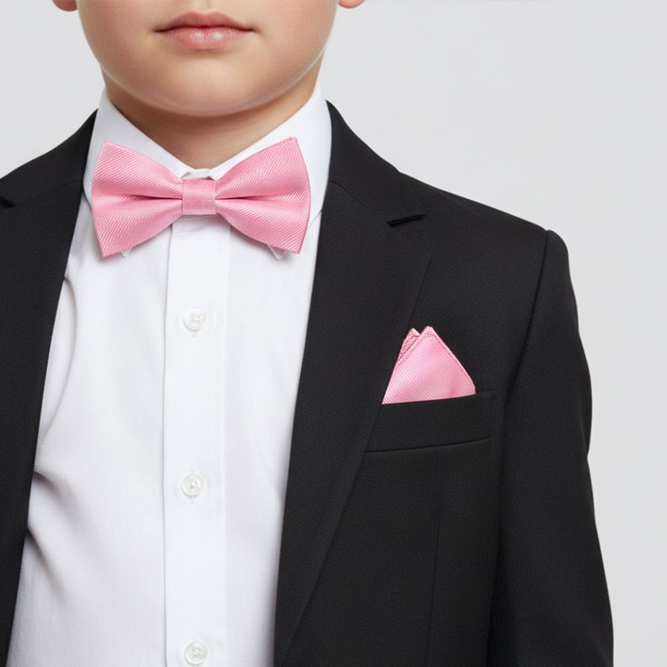 Pre Tied Blush Pink Twill Silk Boys Bow Tie and Pocket Square Age 4-7