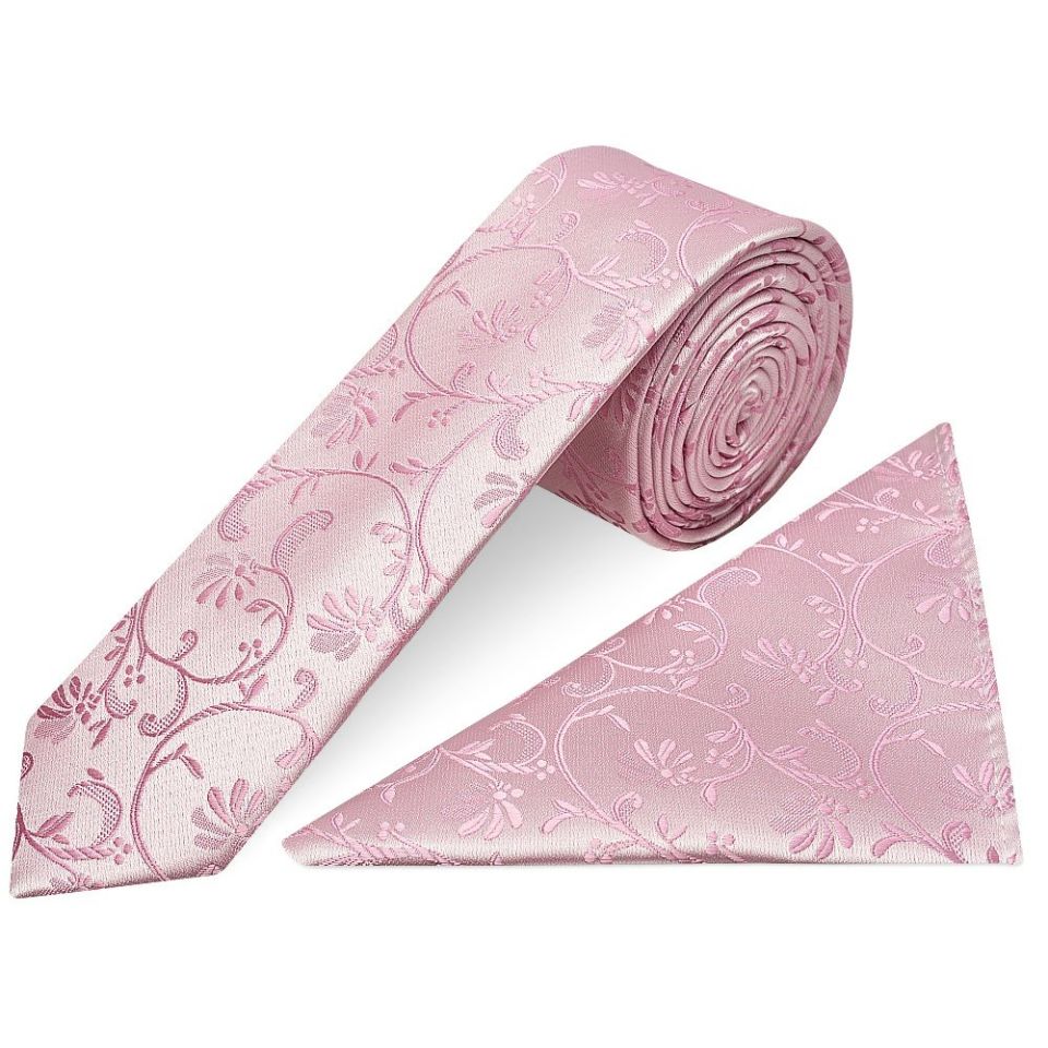 Dusty Pink Floral Skinny Boys Tie and Pocket Square Set