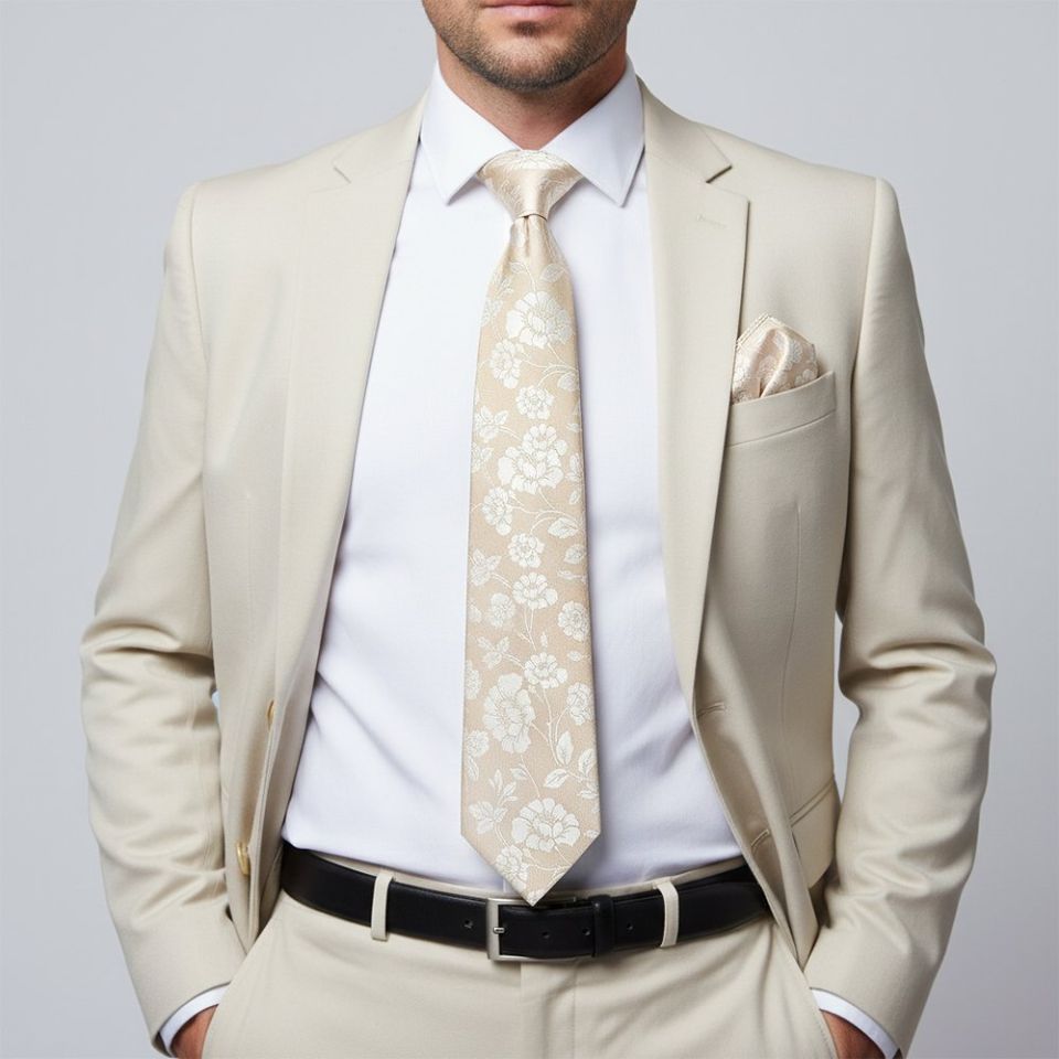 Champagne with White Floral Silk Classic Tie and Pocket Square