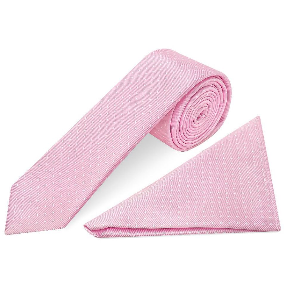 Pink and White Polka Dot Skinny Men's Tie Pocket Square Set