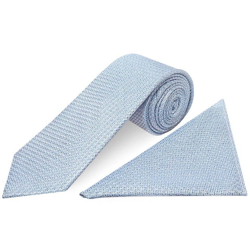 Plain Blue Grenadine Silk Classic Men's Tie and Pocket Square Set