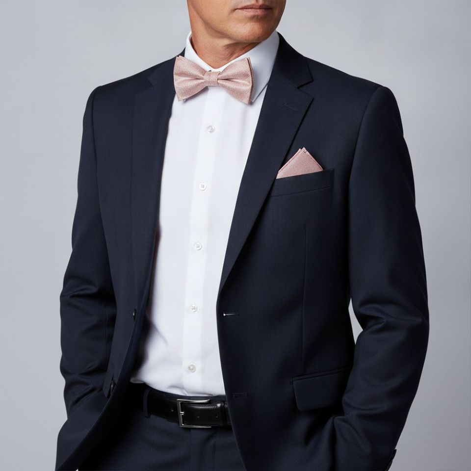 Plain Rose Gold Textured Silk Mens Bow Tie and Pocket Square Set