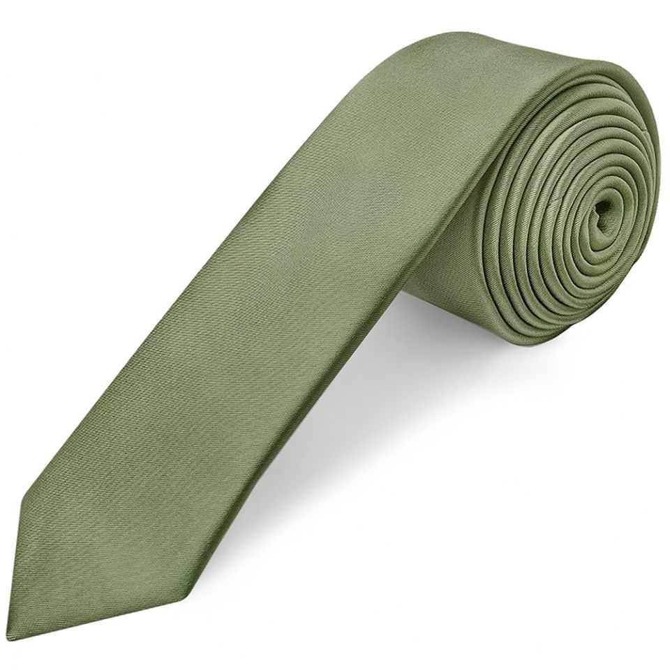 Plain Olive Green Satin Skinny Boys Tie and Pocket Square Set Age 8-11 Years