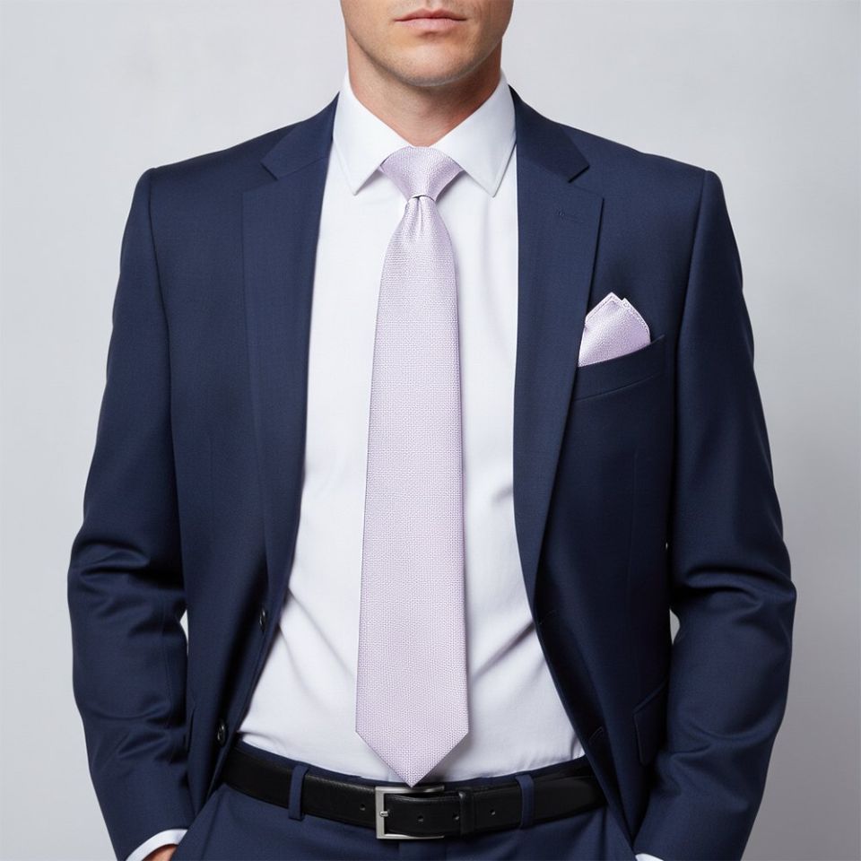Plain Lilac Textured Silk Classic Men's Tie and Pocket Square Set