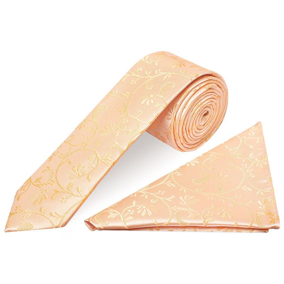 Peach Floral Skinny Men's Tie and Pocket Square Set