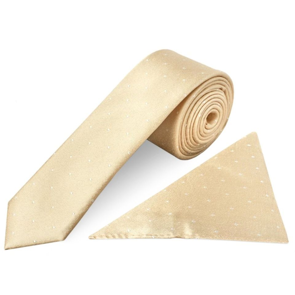 Champagne with White Spot Silk Skinny Tie and Pocket Square Set