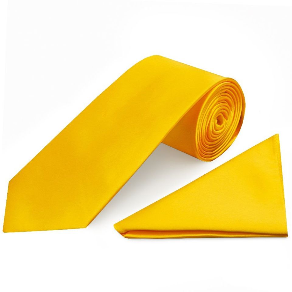 Plain Bright Yellow Satin Classic Men's Tie and Pocket Square Set