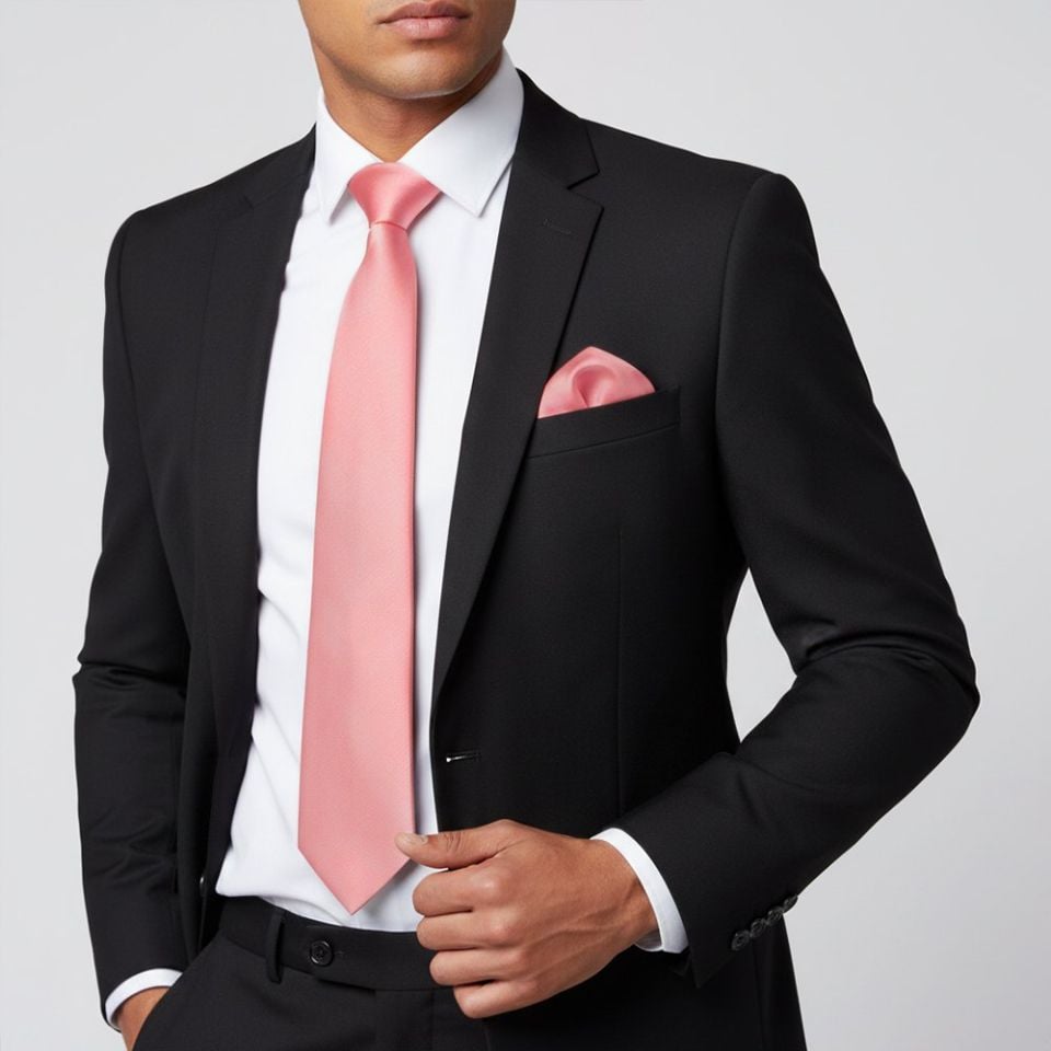 Plain Blush Rose Satin Classic Mens Tie and Pocket Square Set