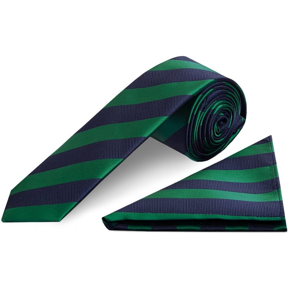 Navy and Green Striped Skinny Men's Tie and Pocket Square Set