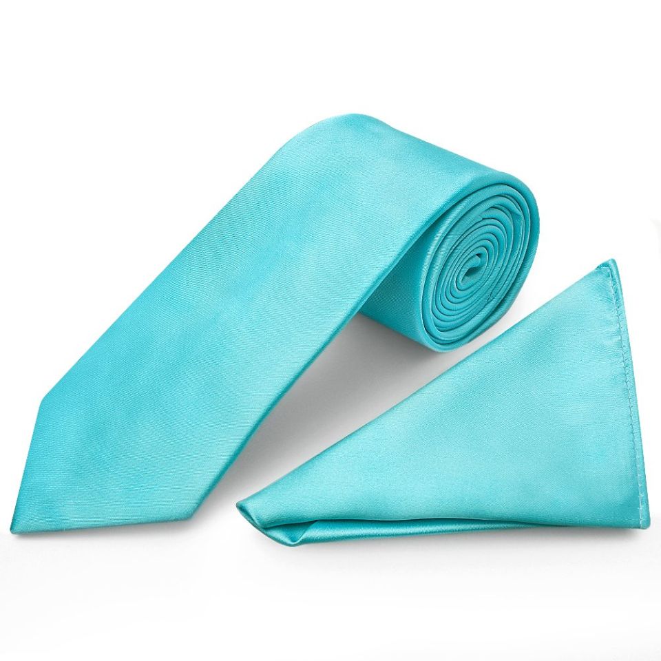 Tiffany Blue Satin Classic Men's Tie Pocket Square Set