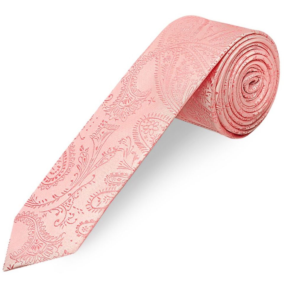 Light Pink Paisley Skinny Boys Tie and Pocket Square Set