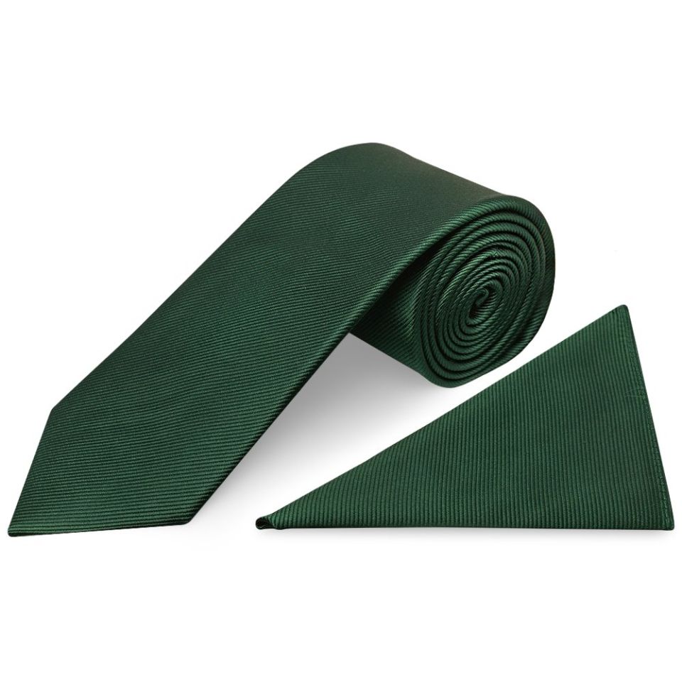Bottle Green Silk Twill Classic Mens Tie and Pocket Square Set