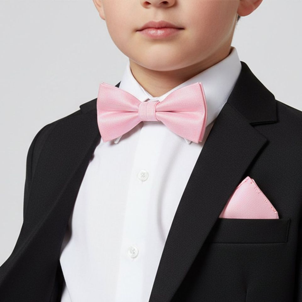 Pre Tied Blush Pink Silk Boys Bow Tie and Pocket Square Set Age 4-7