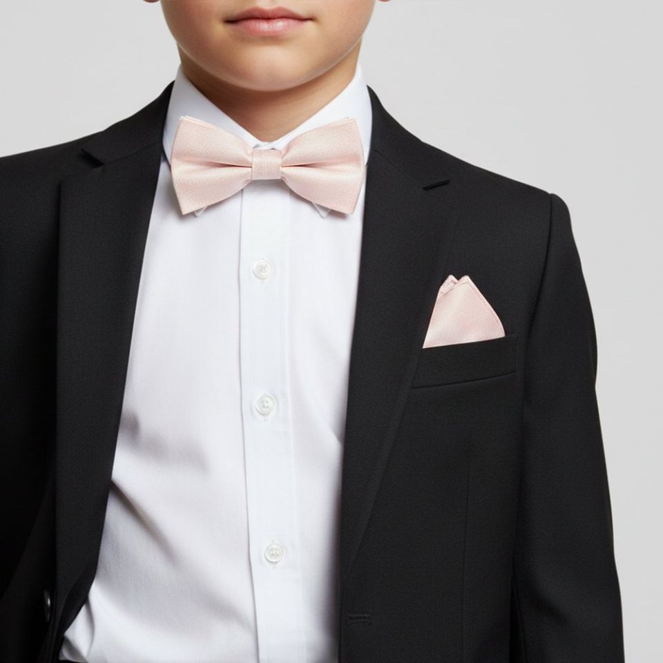 Pre Tied Blush Pink Textured Silk Boys Bow Tie and Pocket Square Set