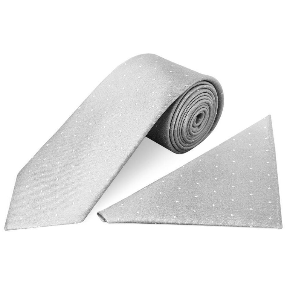 Silver with White Spot Silk Classic Tie and Pocket Square Set