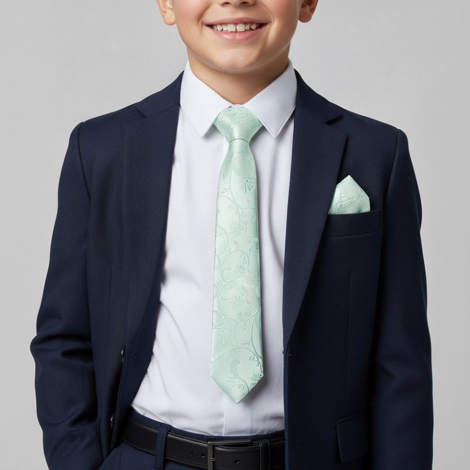 Mint Green Floral Skinny Boys Tie and Pocket Square Set