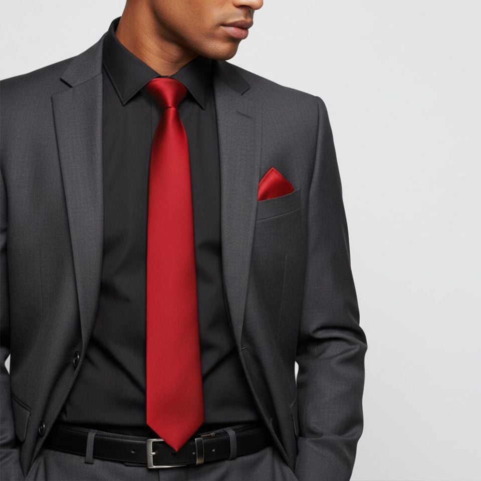 Plain Scarlet Red Satin Classic Men's Tie  and Pocket Square Set