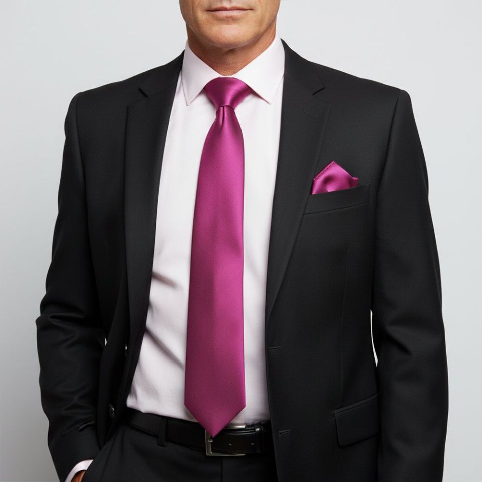 Plain Fuchsia Pink Satin Classic Men's Tie and Pocket Square Set