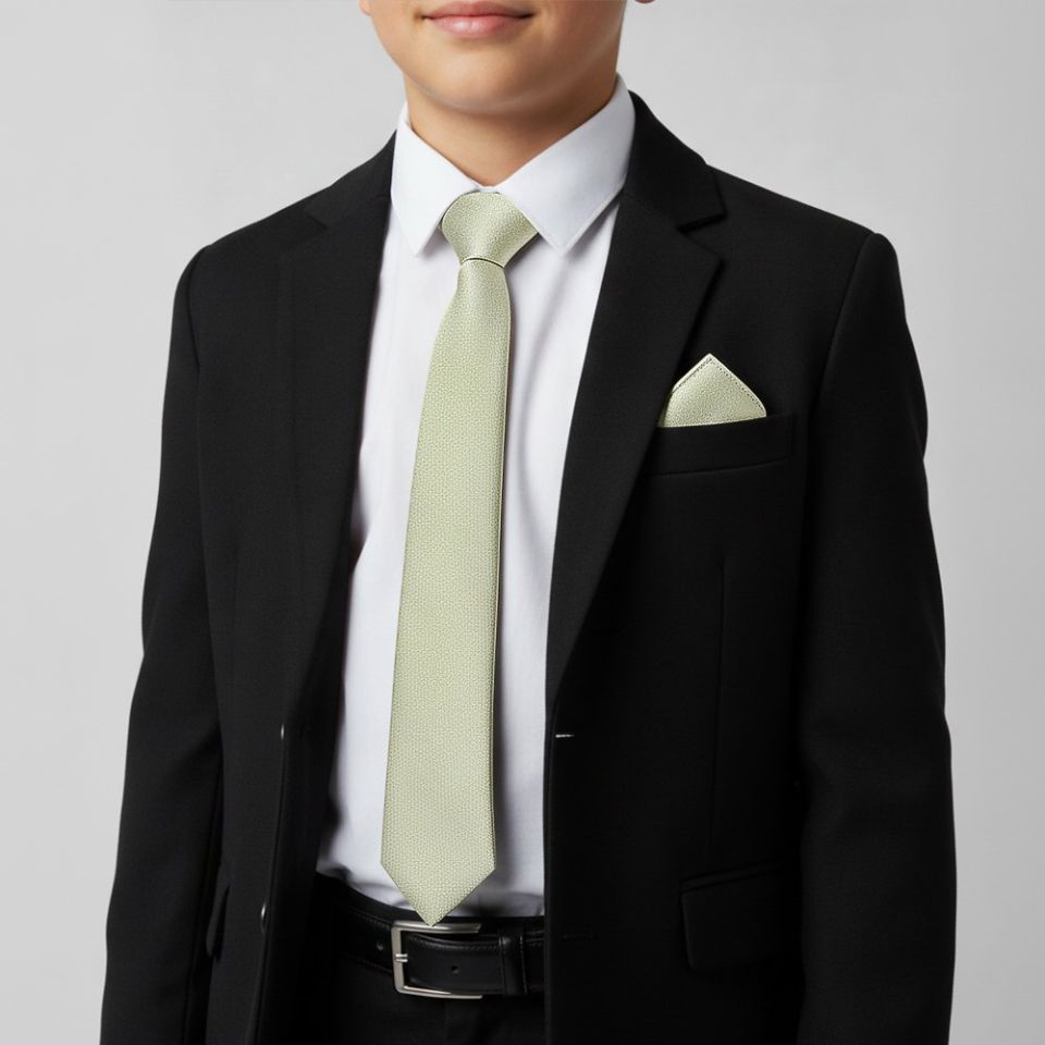 Plain Sage Green Silk Skinny Boys Tie and Pocket Square Set