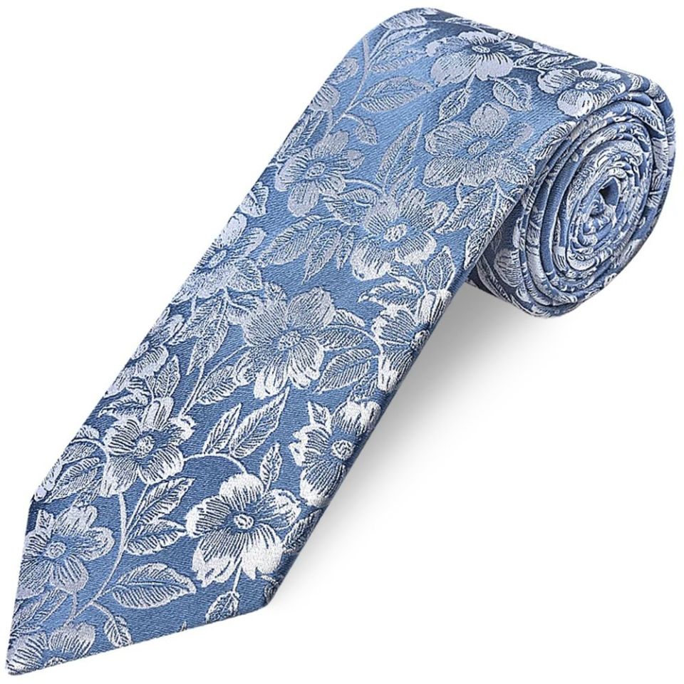 Mens Dusty Blue Floral Silk Classic Tie and Pocket Square