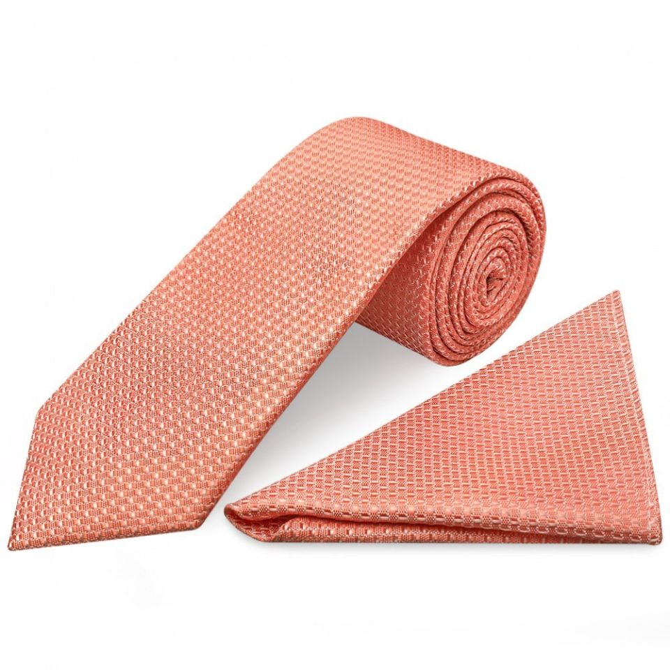Coral Textured Classic Tie and Pocket Square Set