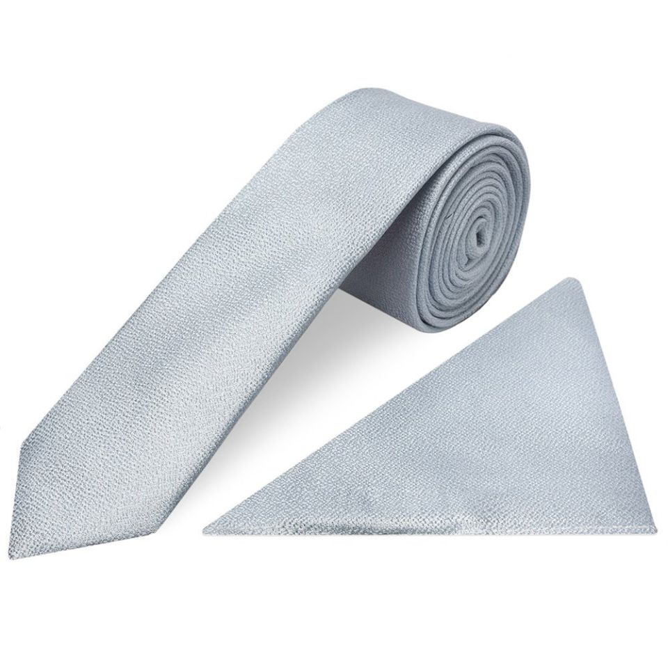 Plain Light Blue Textured Silk Skinny Men's Tie and Pocket Square Set