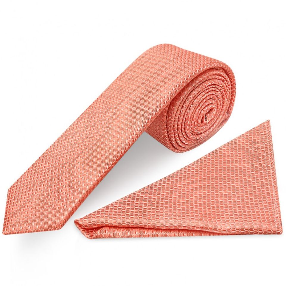 Coral Textured Skinny Tie and Pocket Square Set