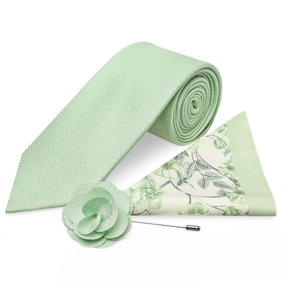 Classic Green Mens Tie with Pocket Square and Lapel Pin Set