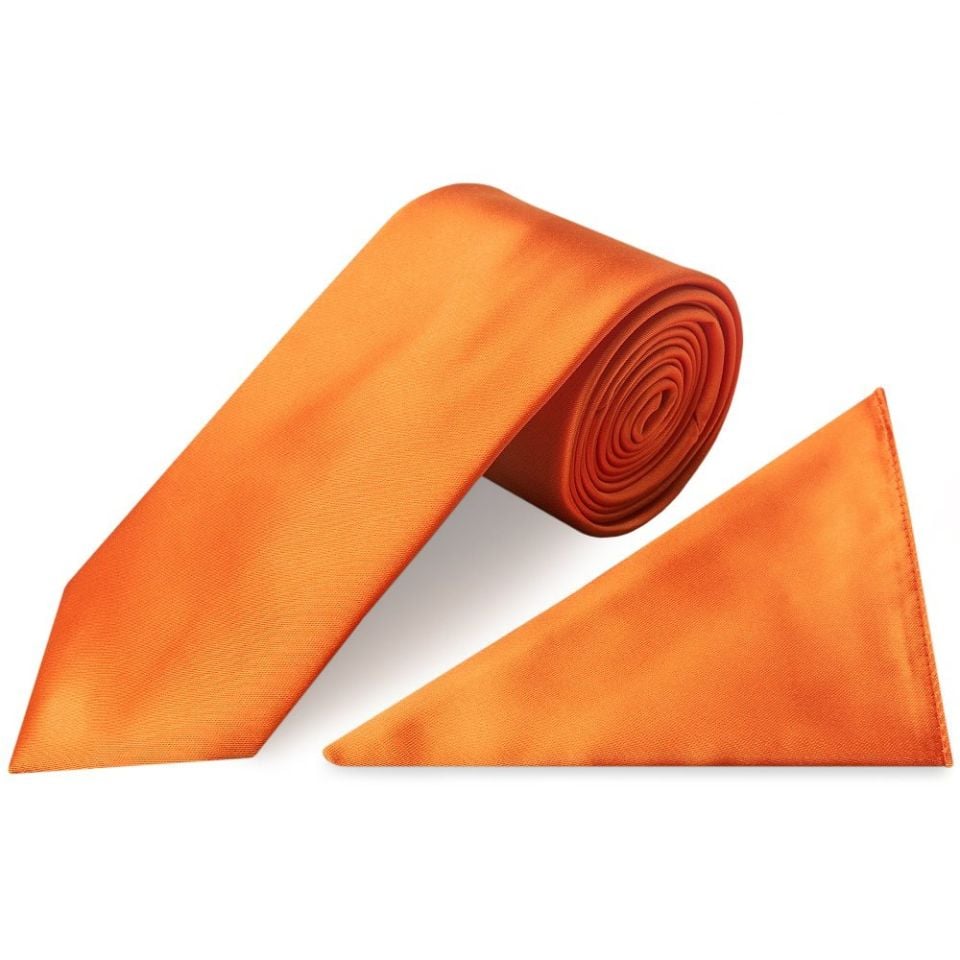 Plain Orange Satin Classic Men's Tie and Pocket Square Set