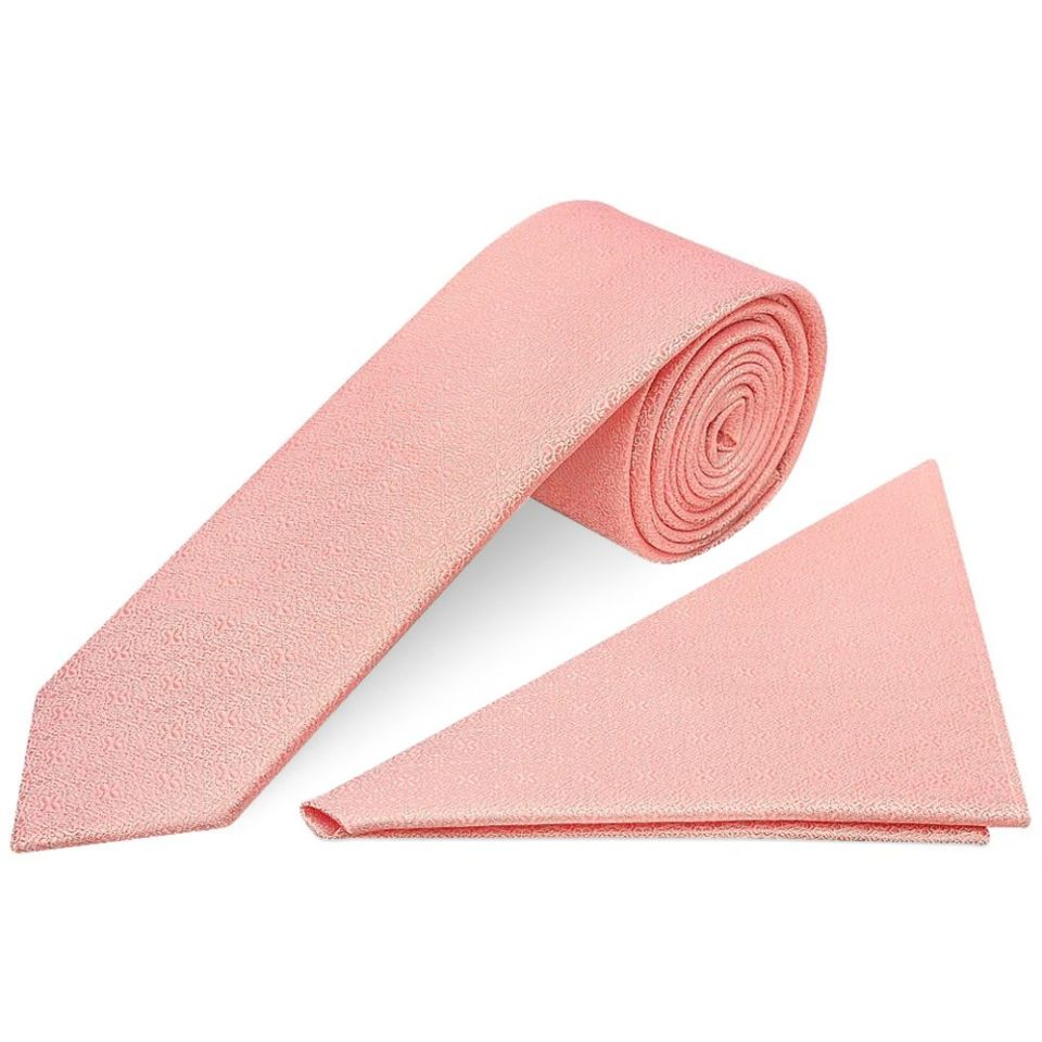 Pink Self Floral Textured Silk Skinny Men's Tie and Pocket Square Set