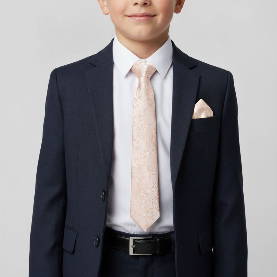 Light Peach Floral Skinny Boys Tie and Pocket Square Set