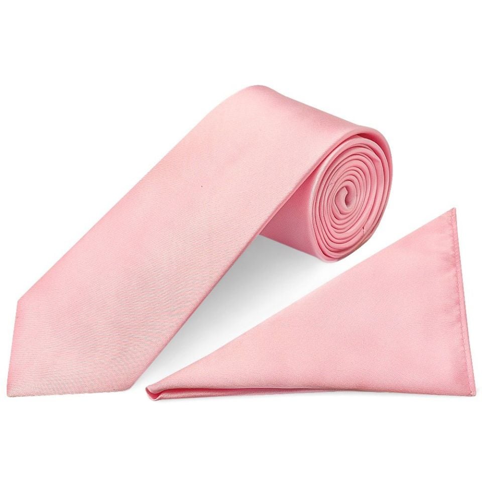 Plain Pink Satin Classic Men's Tie and Pocket Square Set
