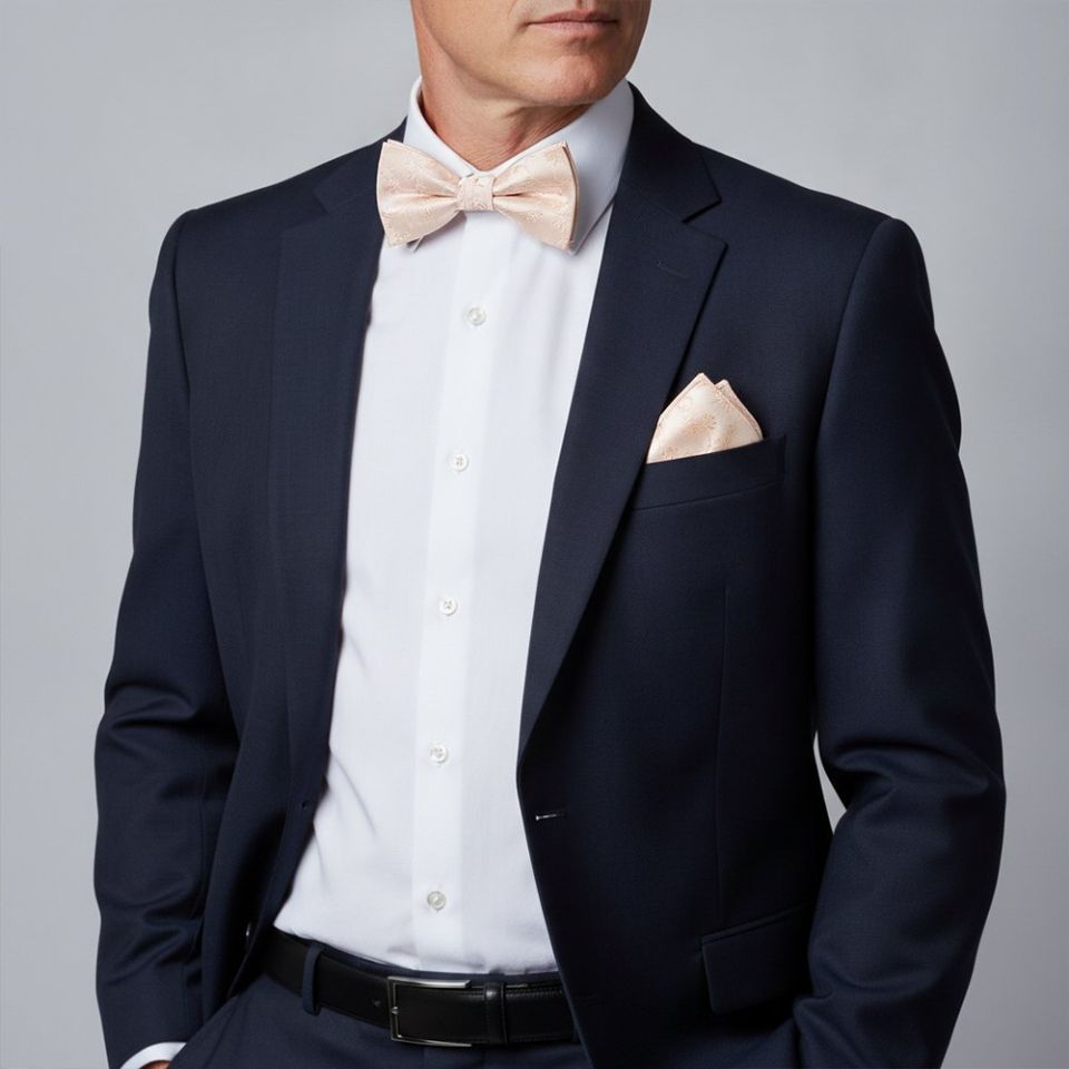 Light Peach Floral Handmade Mens Bow Tie and Pocket Square Set