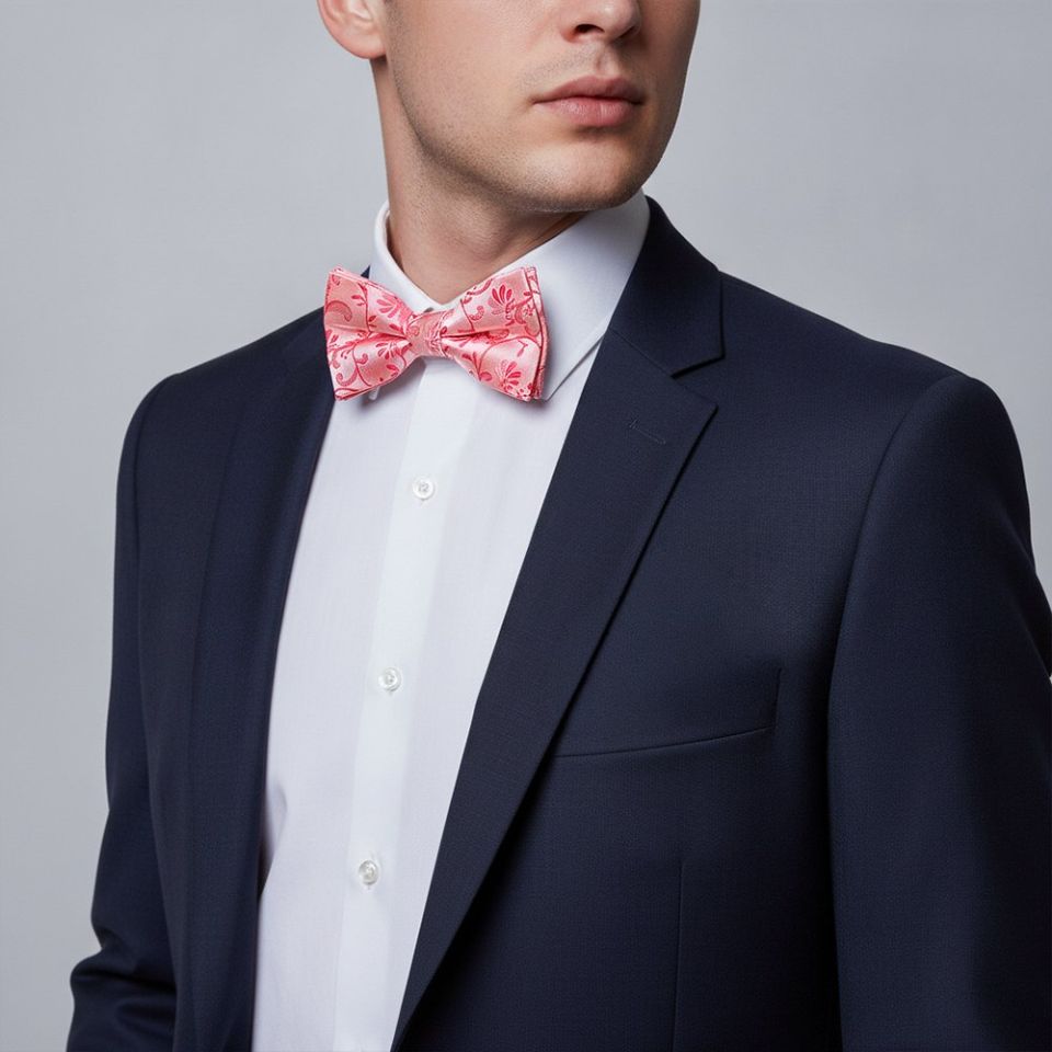 Light Coral Floral Handmade Mens Bow Tie