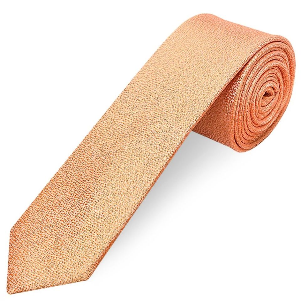 Plain Peach Textured Silk Skinny Men's Tie and Pocket Square Set