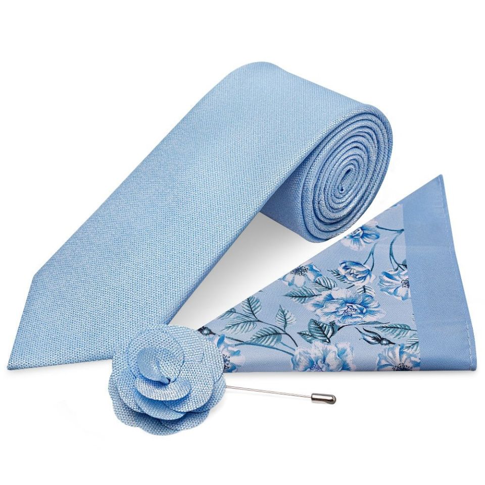 Classic Dusty Blue Mens Tie with Pocket Square and Lapel Pin Set