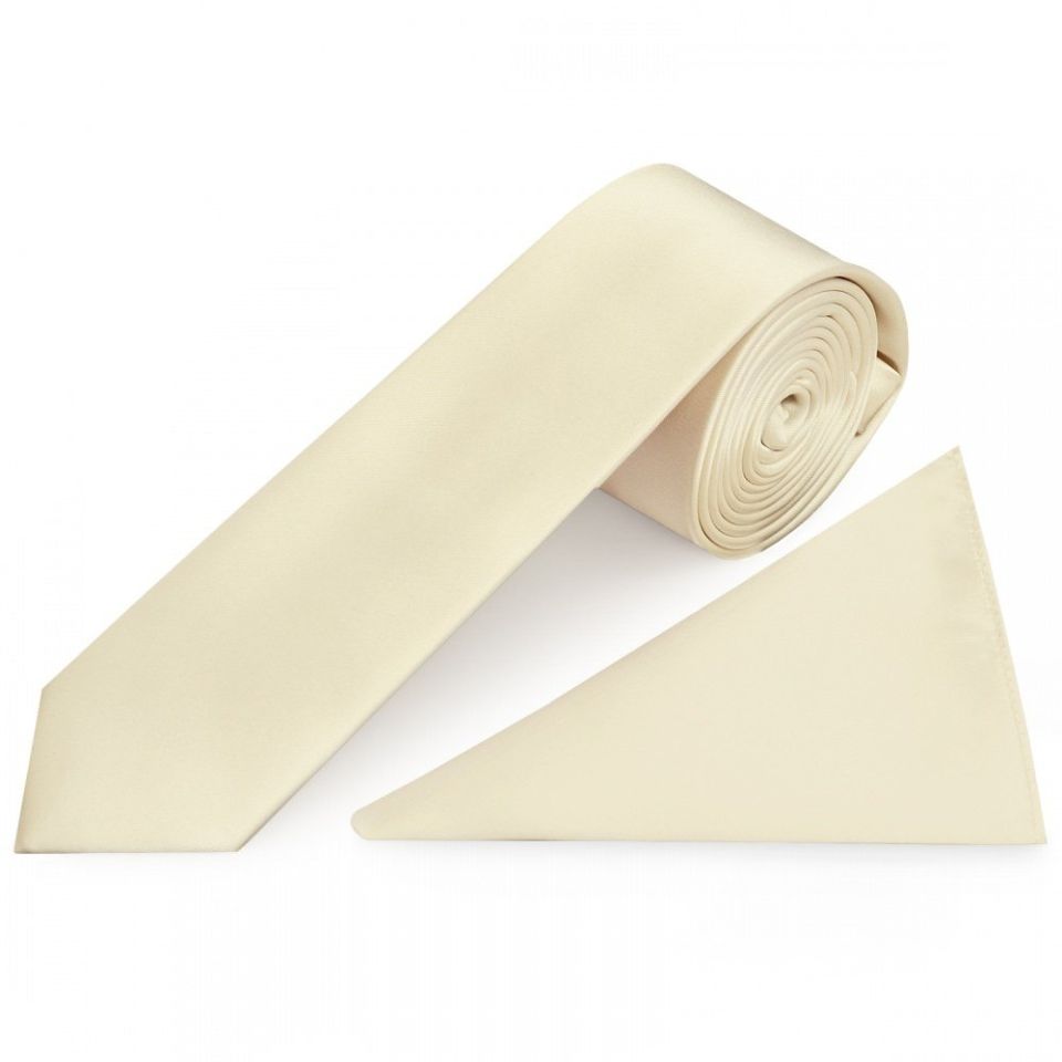 Plain Ivory Satin Skinny Men's Tie and Pocket Square Set