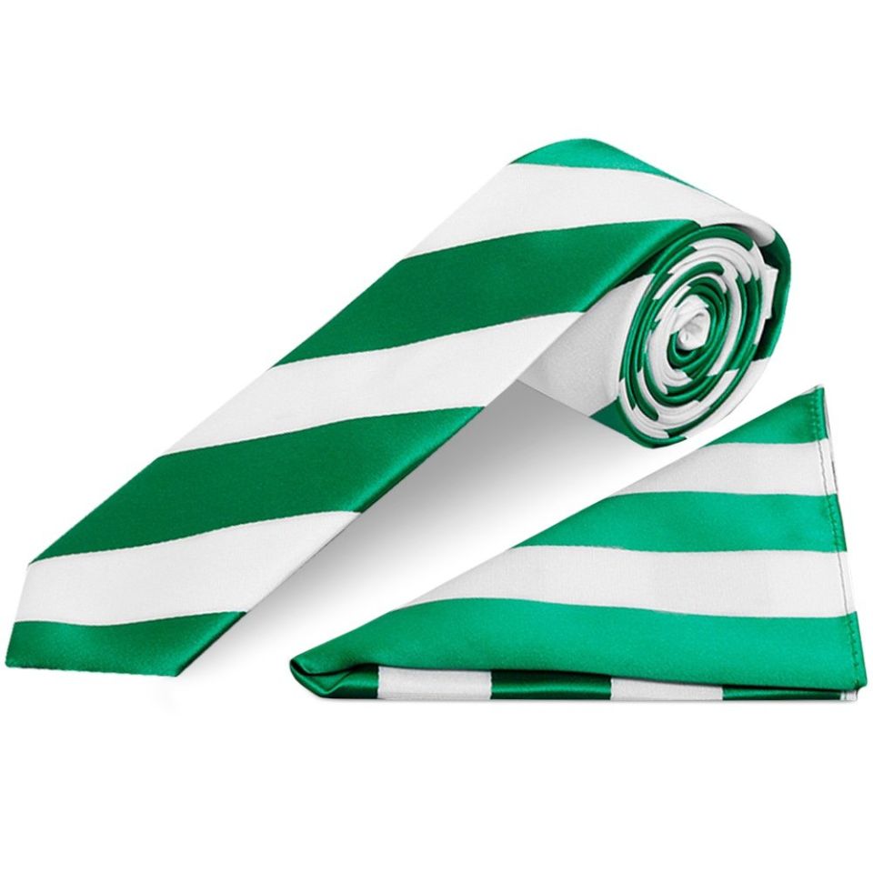 Green and White Striped Skinny Boys Tie Pocket Square Set