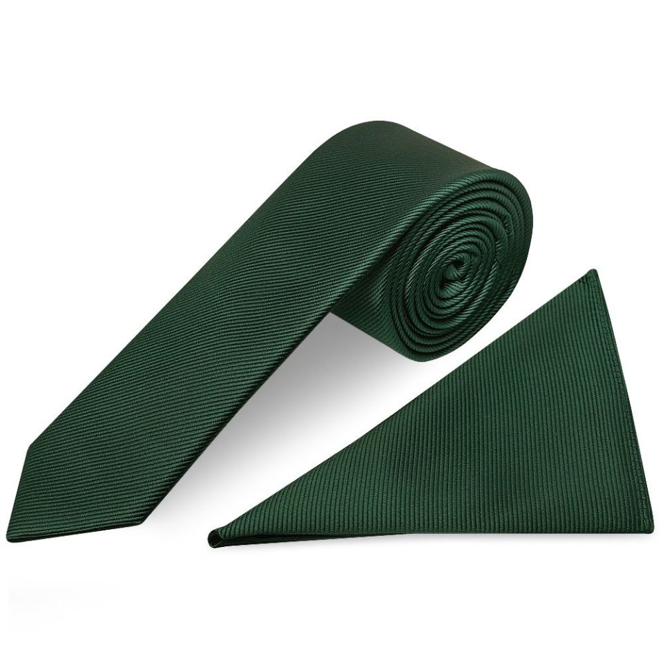 Bottle Green Silk Twill Skinny Mens Tie and Pocket Square Set