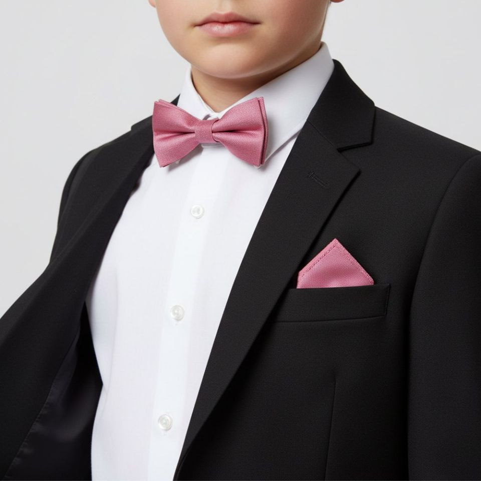 Boys Pre Tied Dusty Pink Silk Bow Tie and Pocket Square Set Age 8-11
