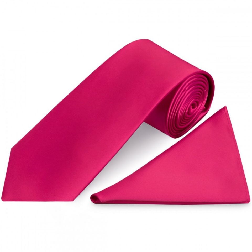 Plain Cerise Pink Satin Classic Men's Tie and Pocket Square Set