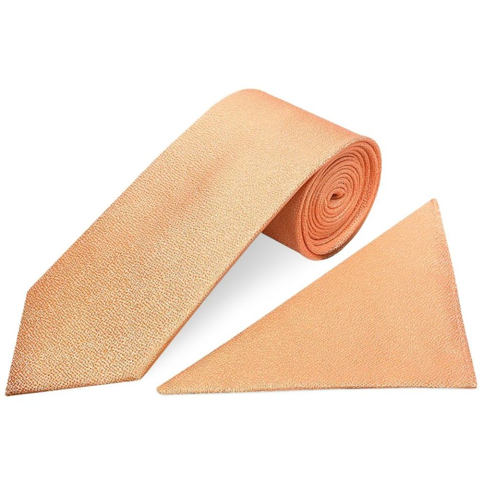 Plain Peach Textured Silk Classic Men's Tie and Pocket Square Set