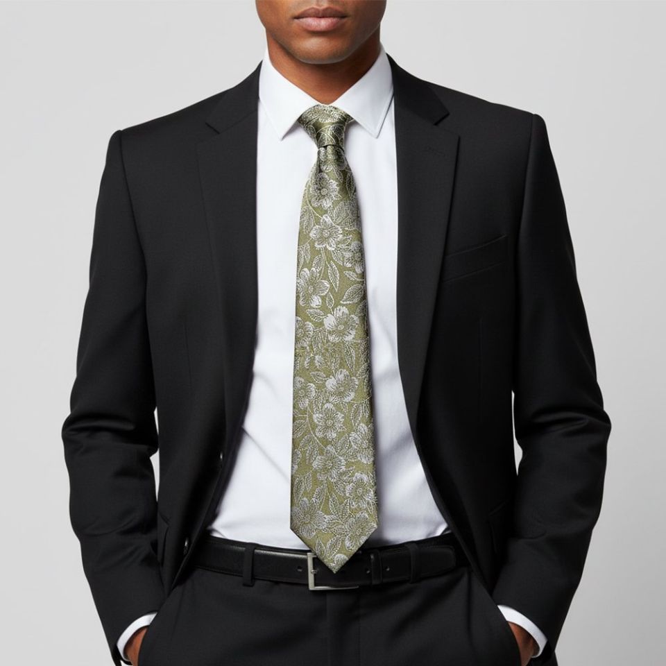 Mens Olive Floral Silk Classic Tie