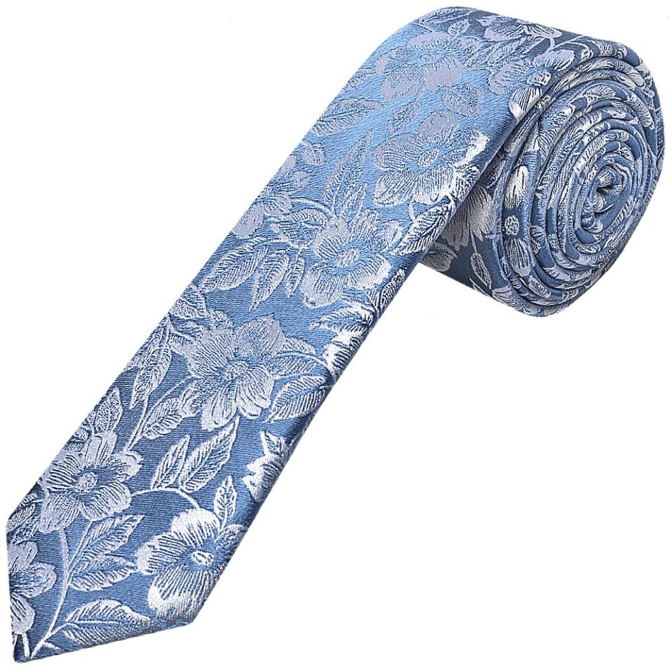 Mens Dusty Blue Floral Silk Skinny Tie