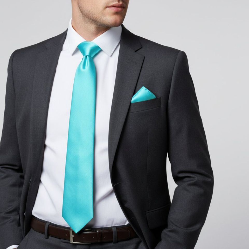Tiffany Blue Satin Classic Men's Tie Pocket Square Set