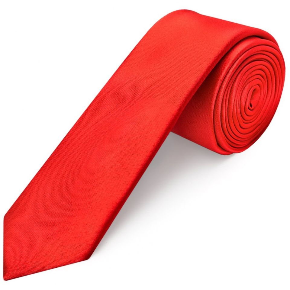 Plain Bright Red Satin Skinny Men's Tie and Pocket Square Set