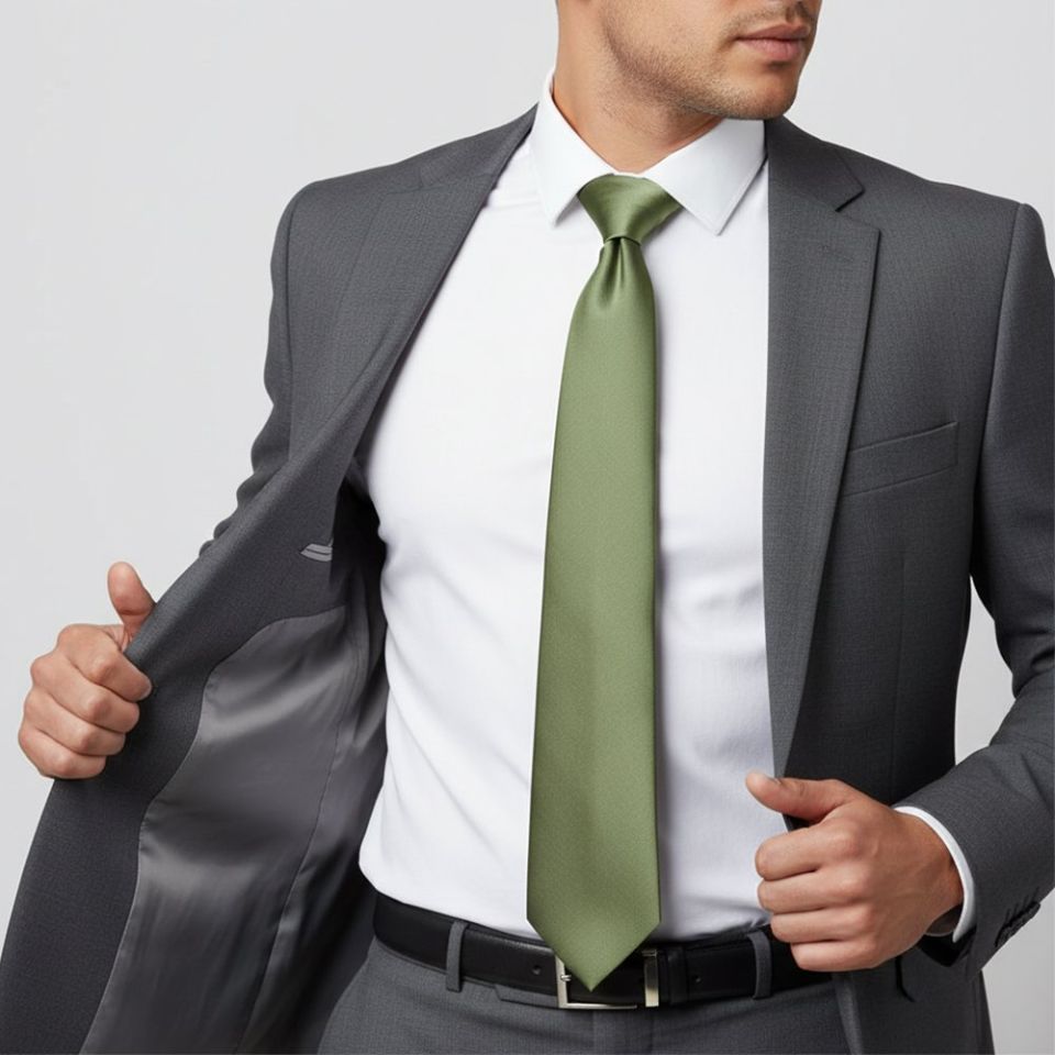 Mens Plain Olive Green Satin Classic Tie