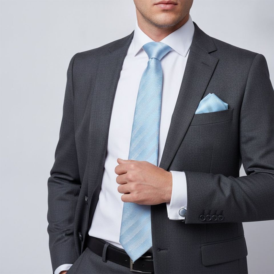 Dusty Blue Textured Stripe Mens Silk Classic Tie Pocket Square and Cufflinks Box Set