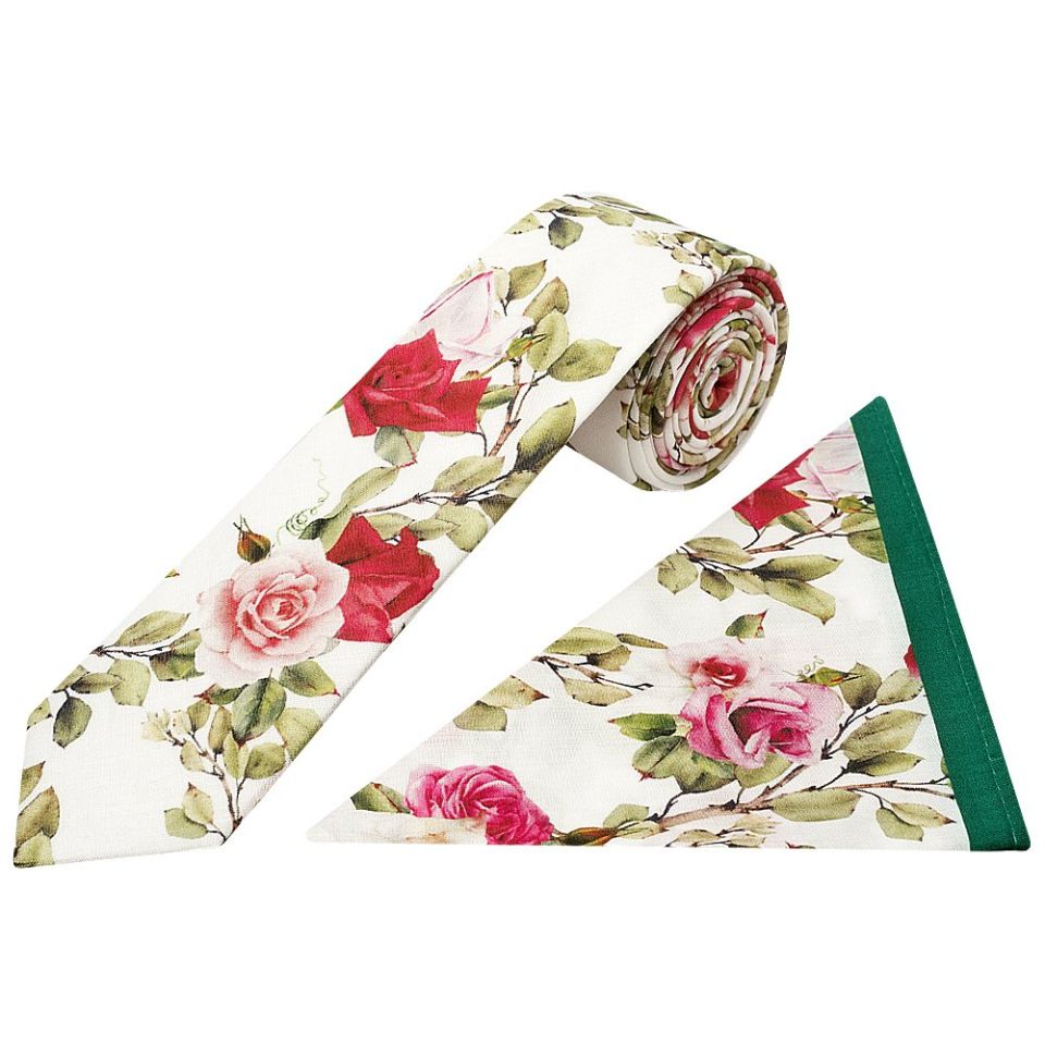 White Cotton with Green Leaves and Rose Pattern Skinny Tie and Pocket Square Set